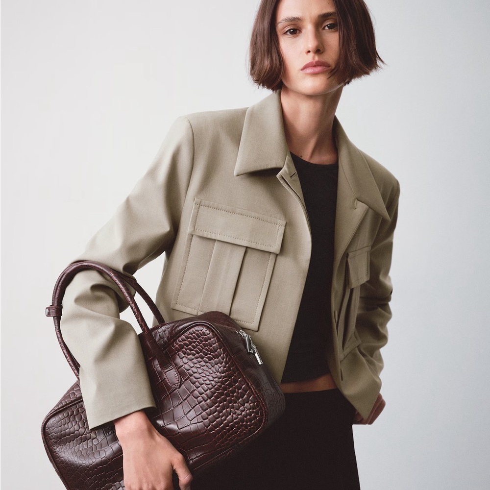 Mango taupe brown grey cropped utility pocket jacket